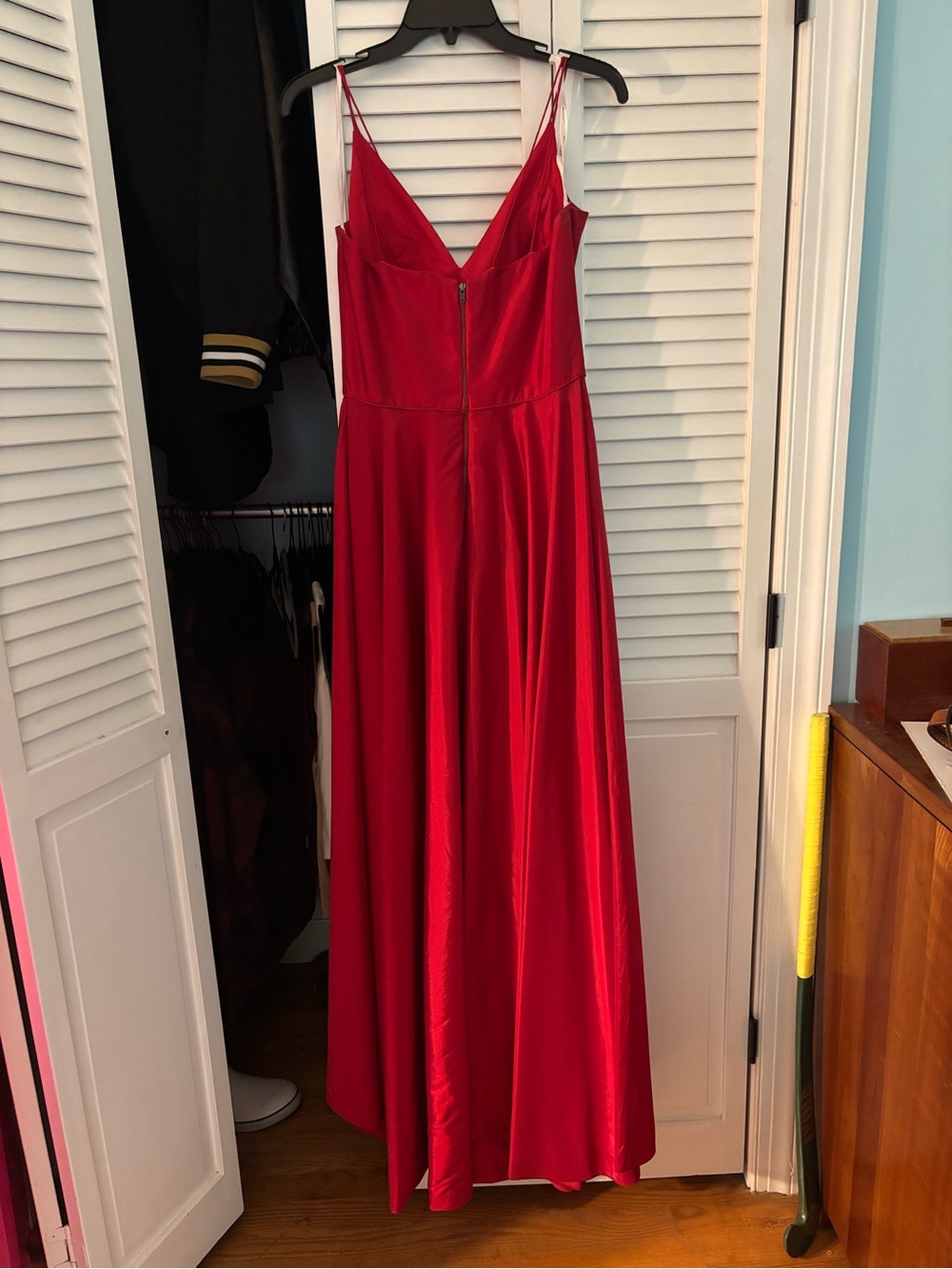 Sherri Hill Red Satin V-Neck Spaghetti Strap Gown